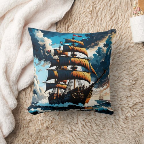 Pirate Ship Sailing Through Stormy Seas at Dusk Throw Pillow