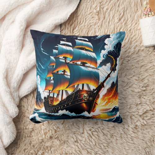 Pirate Ship Sailing Through Stormy Seas at Dusk Throw Pillow