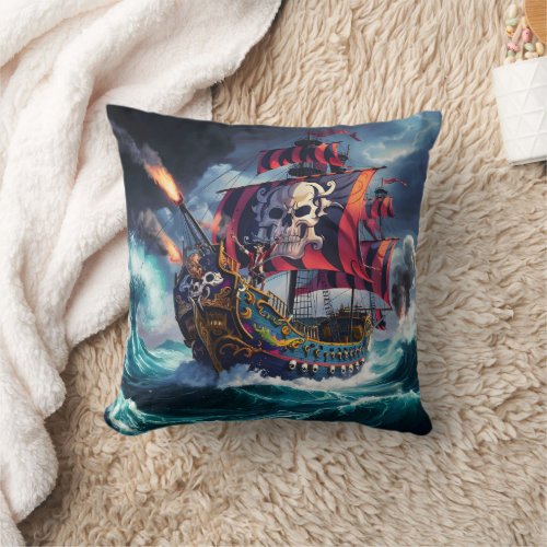 Pirate Ship Sailing Through Stormy Seas at Dusk Throw Pillow