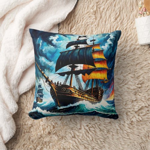 Pirate Ship Sailing Through Stormy Seas at Dusk Throw Pillow