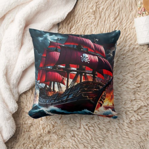 Pirate Ship Sailing Through Stormy Seas at Dusk Throw Pillow