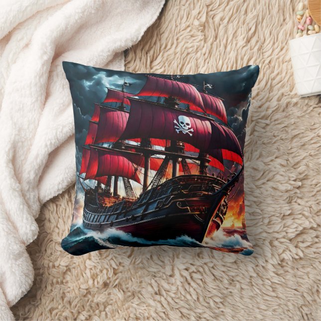 Pirate Ship Sailing Through Stormy Seas at Dusk Throw Pillow (Blanket)