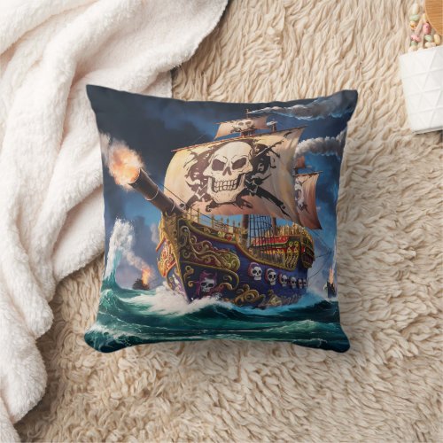 Pirate Ship Sailing Through Stormy Seas at Night Throw Pillow