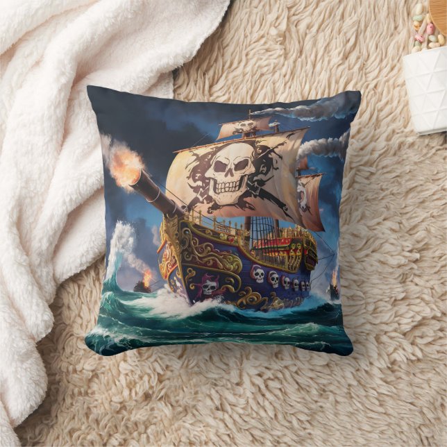 Pirate Ship Sailing Through Stormy Seas at Night Throw Pillow (Blanket)
