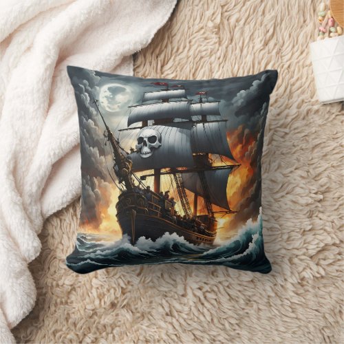 Pirate Ship Sailing Through Stormy Seas at Night Throw Pillow