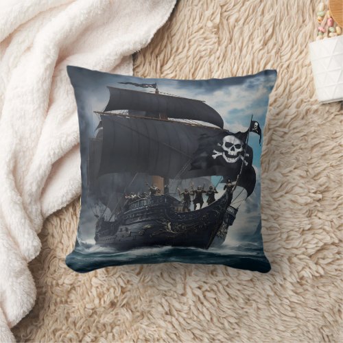 Pirate Ship Sailing Through Stormy Waters at Dusk Throw Pillow