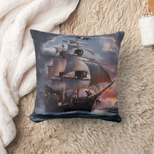 Pirate Ship Sailing Through Stormy Waters at Dusk Throw Pillow