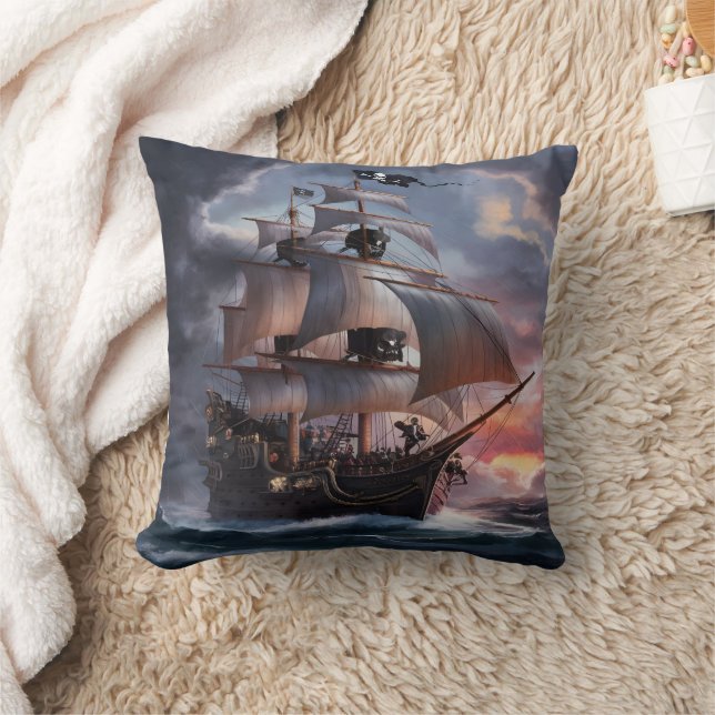 Pirate Ship Sailing Through Stormy Waters at Dusk Throw Pillow (Blanket)