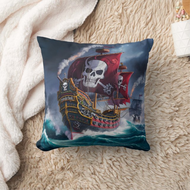 Pirate Ship Sailing Through Stormy Waters at Dusk Throw Pillow (Blanket)