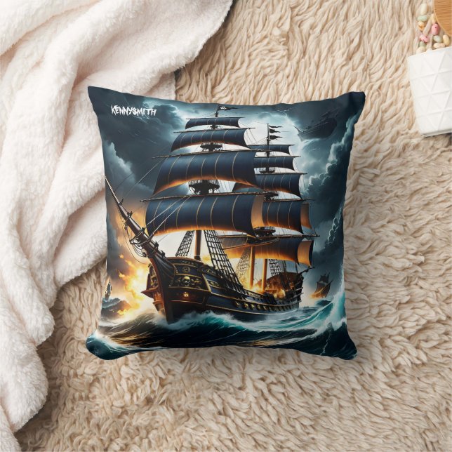 Pirate Ship Sailing Through Stormy Waters at Dusk Throw Pillow (Blanket)