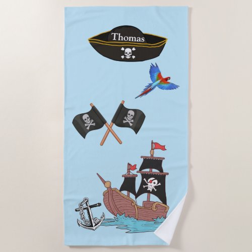 Pirate Ship Skull Crossbones Black Flag Beach Towel