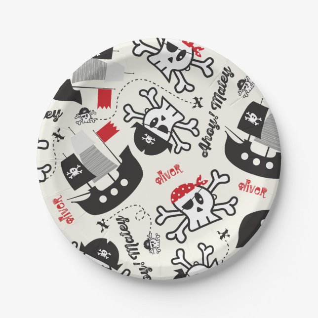 Pirate Ship Skulls Boy Birthday Party Custom Name Paper Plates (Front)