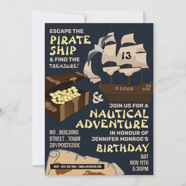 Pirate Ship Theme, Escape Room, Birthday Party Invitation (Front)