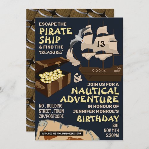 Pirate Ship Theme Escape Room Birthday Party Invitation