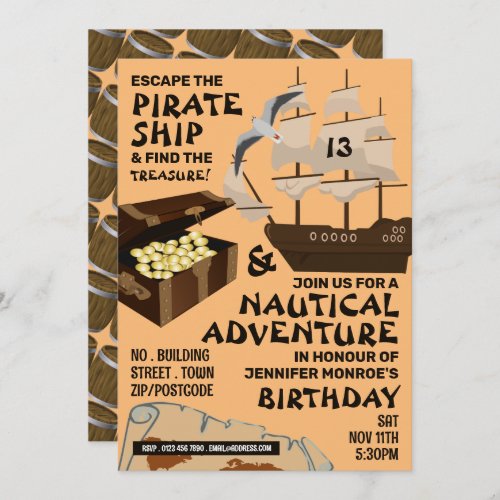 Pirate Ship Theme Escape Room Birthday Party Invitation