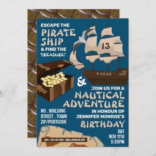 Pirate Ship Theme Escape Room Birthday Party Invitation