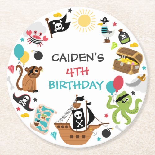 Pirate Ship Treasure Birthday Party Round Paper Coaster