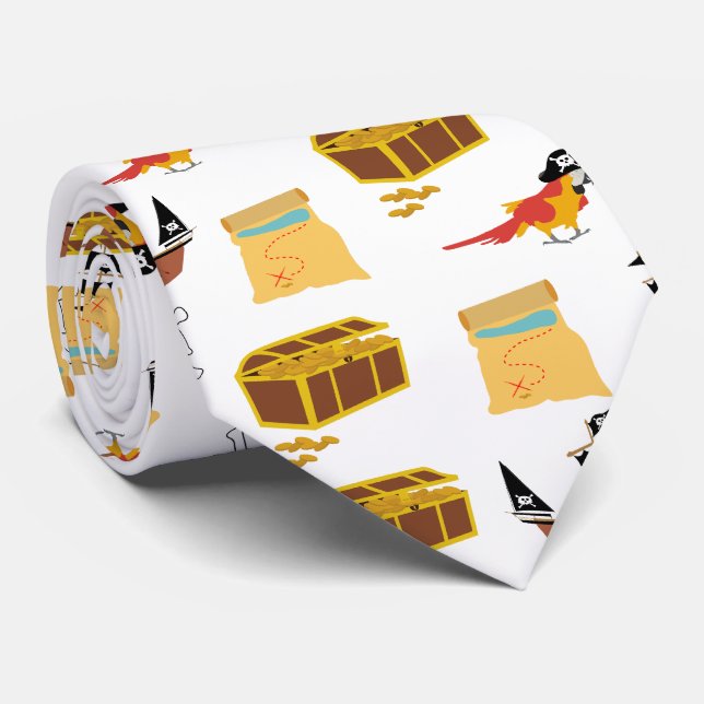 Pirate Ship Treasure Chest Theme Pattern Neck Tie (Rolled)