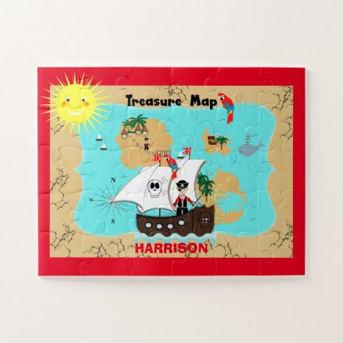 Pirate Ship Treasure Map Cute Personalized Kids Jigsaw Puzzle