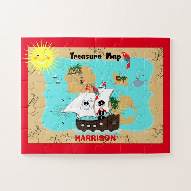 Pirate Ship Treasure Map Cute Personalized Kids Jigsaw Puzzle (Horizontal)