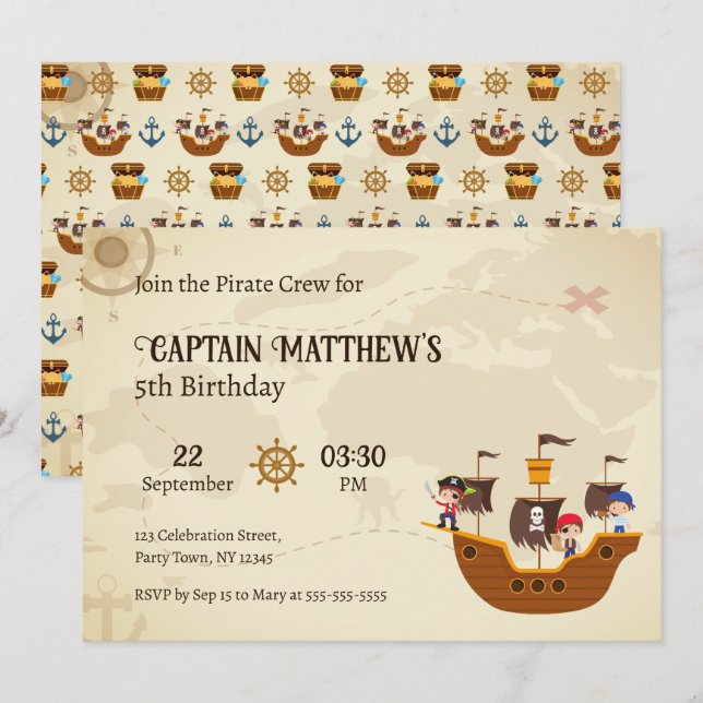 Pirate Ship Treasure Map Kids Birthday Party Invitation (Front/Back)