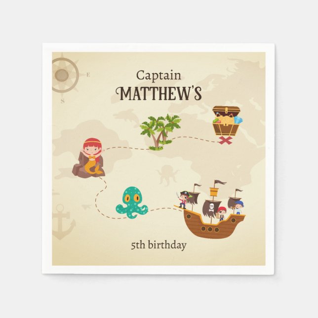 Pirate Ship Treasure Map Kid's Birthday Party Napkins (Front)