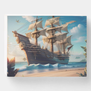 Pirate Ship Tropical Beach Wooden Box Sign