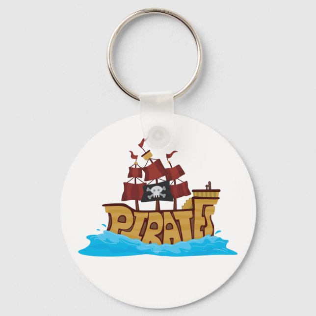 Pirate Ship Typography with Skull Flag Keychain (Front)