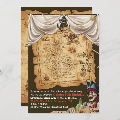 Pirate Ship Vintage Map Treasure Birthday Party Invitation