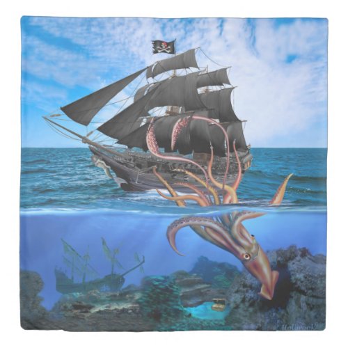 Pirate Ship vs The Giant Squid Duvet Cover