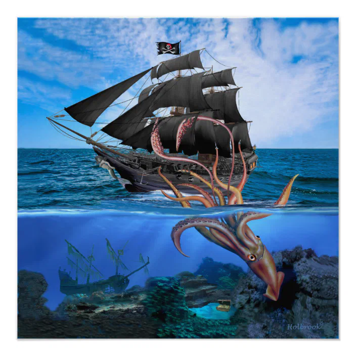 Pirate Ship Vs The Giant Squid Poster Zazzle Com