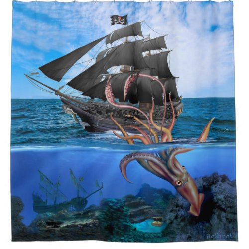 Pirate Ship vs The Giant Squid Shower Curtain