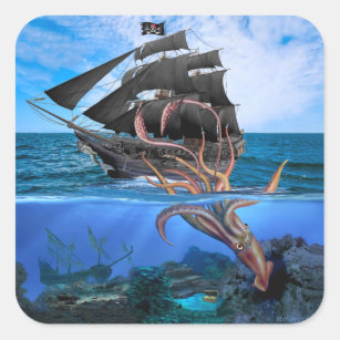 Pirate Ship vs The Giant Squid Square Sticker