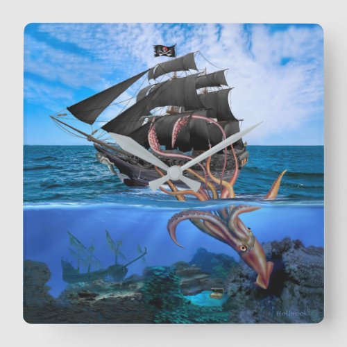 Pirate Ship vs The Giant Squid Square Wall Clock