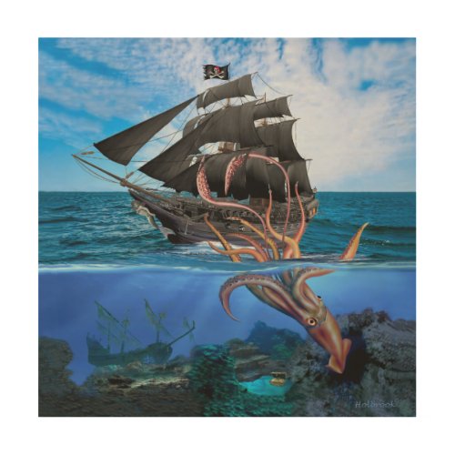 Pirate Ship vs The Giant Squid Wood Wall Art