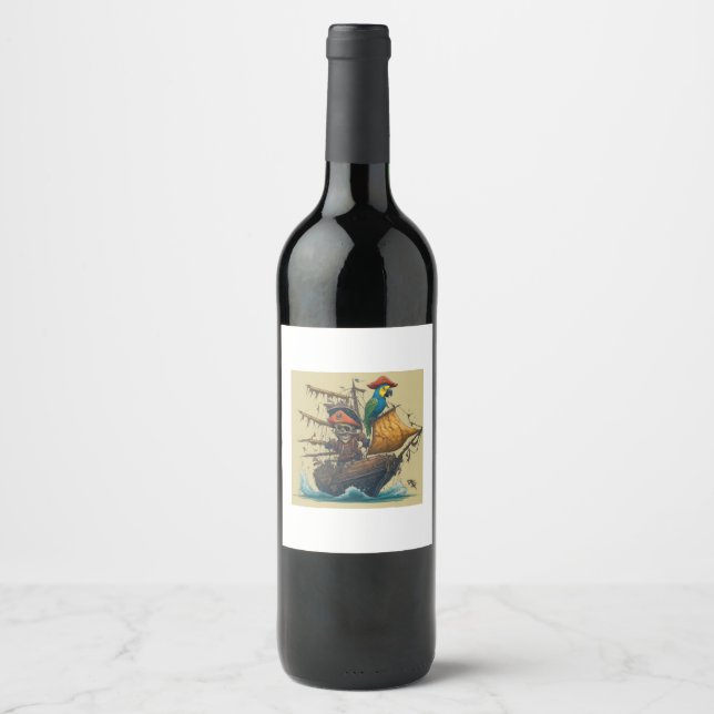 pirate ship with a parrot wine label (Front)