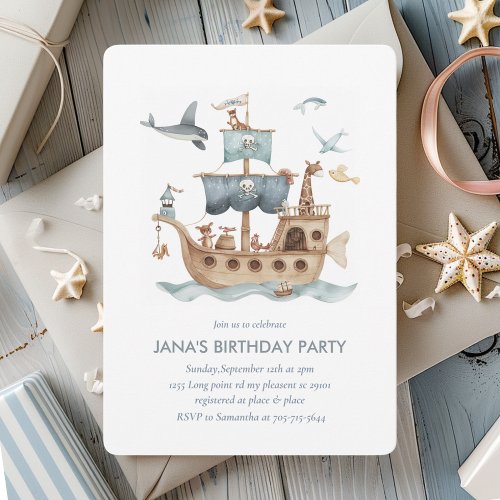 Pirate Ship with Animals Kids Party  Invitation