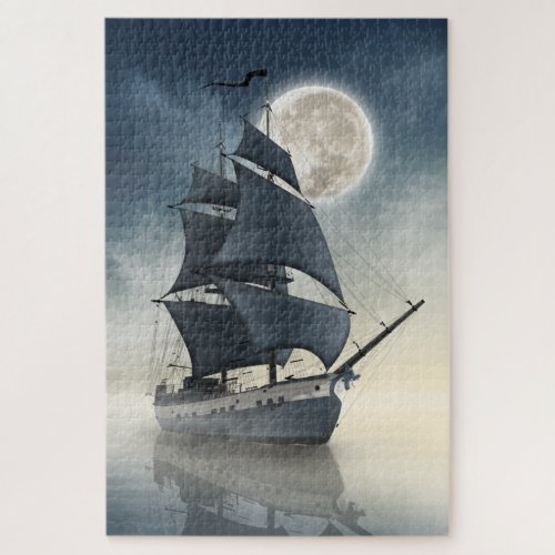 Pirate ship with black sails and rising full moon jigsaw puzzle