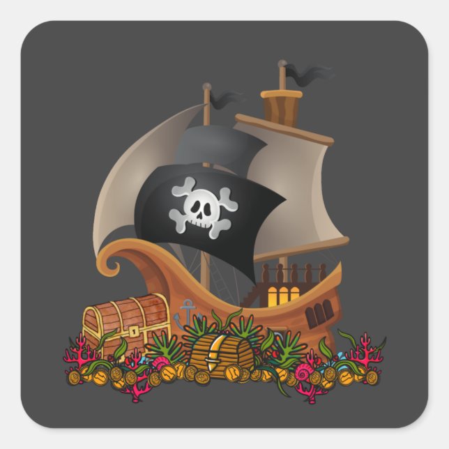 Pirate Ship With Treasure Cool Halloween Sailing   Square Sticker (Front)