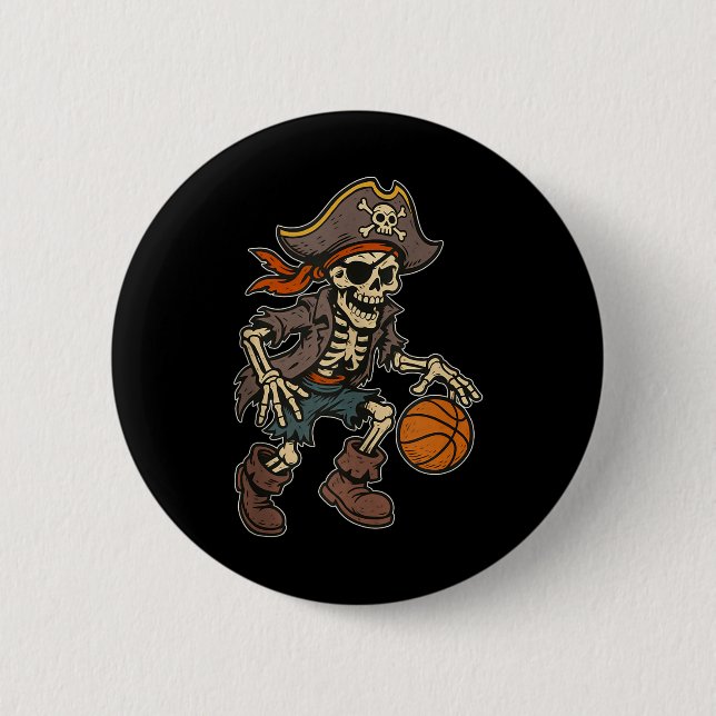 Pirate Skeleton Basketball Halloween Pirate Costum Button (Front)
