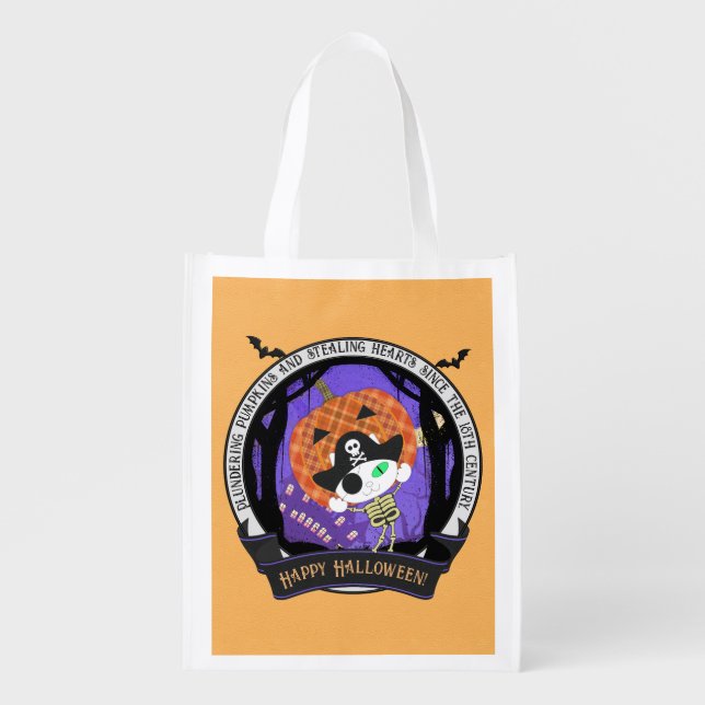 Pirate skeleton cat grocery bag (Front)