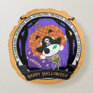 Pirate skeleton cat round pillow