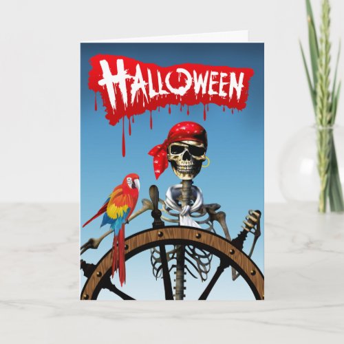 Pirate Skeleton Sailor with Macaw Halloween Party Card