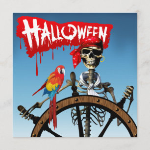 Pirate Skeleton Sailor with Macaw Halloween Party Invitation
