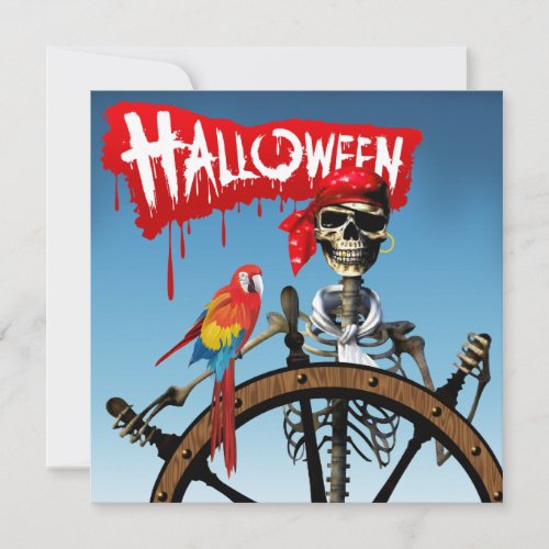 Pirate Skeleton Sailor with Macaw Halloween Party Invitation
