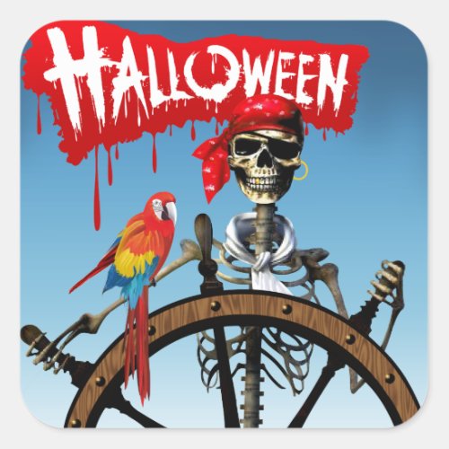 Pirate Skeleton Sailor with Macaw Halloween Party Square Sticker