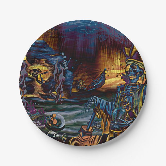 Pirate Skeleton Treasure Under the Sea Comic Art Paper Plates (Front)