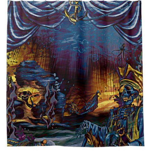 Pirate Skeleton Treasure Under the Sea Comic Art Shower Curtain