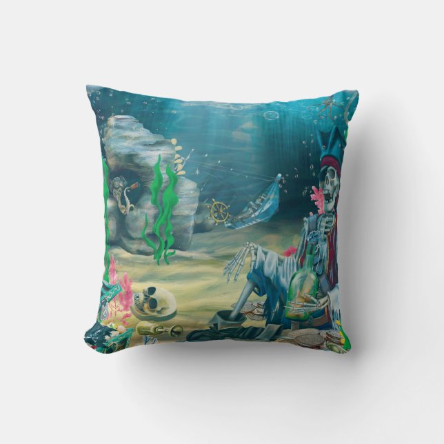 Pirate Skeleton Treasure Under the Sea Throw Pillow (Front)