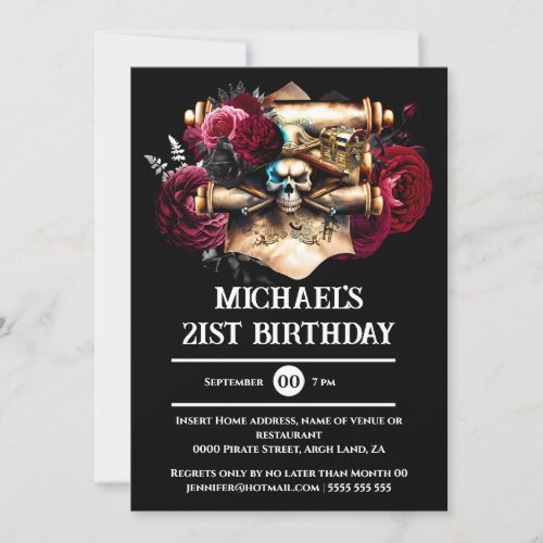 Pirate skull 3D goth roses halloween adults party Invitation